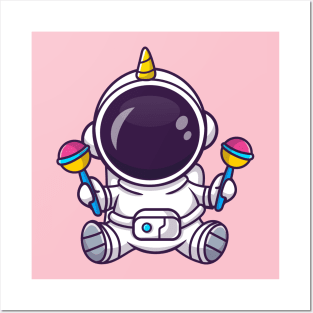 Cute Baby Astronaut Playing Maracas Toy Cartoon Posters and Art